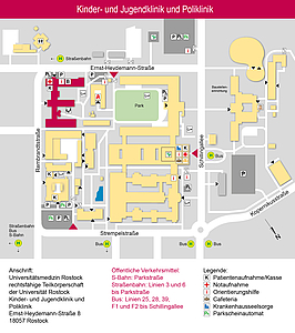 ein Lageplan des Campus Schillingallee, auf dem die Kinderklinik farblich hervorgehoben ist