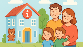 Eine Familie bestehend aus 2 Eltern und 2 Kindern steht vor einem bauen Haus mit einem Teddy und einem I drauf.