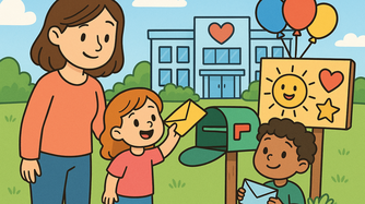 Eine Frau steht lächelnd neben einem Kid, dieses wirft einen Brief in den Briefkasten und ein weiteres hält ebensfalls lächeln einen Brief in der Hand.